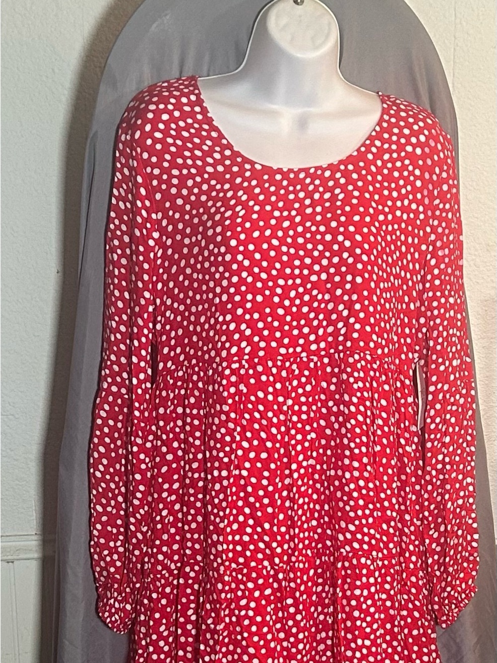 Time and Tru Red Polka Dot Long-Sleeve Tiered Dress